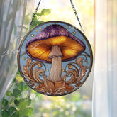 Purple Mushroom Stained Glass Suncatcher: Fantasy Toadstool Window Decor